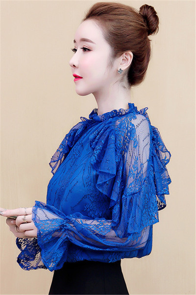 Naujo modelio moteriška nėriniuota palaidinė ilgomis lotoso spalvos rankovėmis