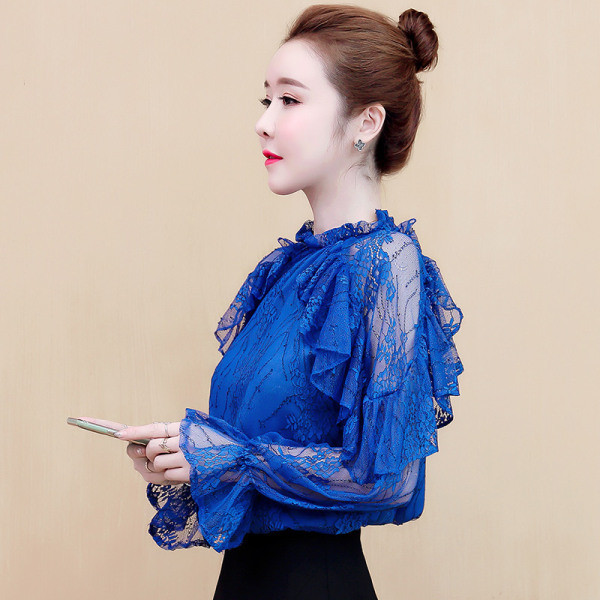 Naujo modelio moteriška nėriniuota palaidinė ilgomis lotoso spalvos rankovėmis