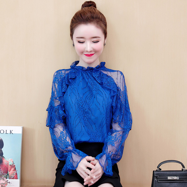 Naujo modelio moteriška nėriniuota palaidinė ilgomis lotoso spalvos rankovėmis