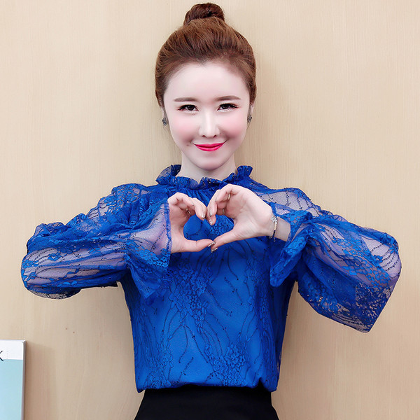 Naujo modelio moteriška nėriniuota palaidinė ilgomis lotoso spalvos rankovėmis