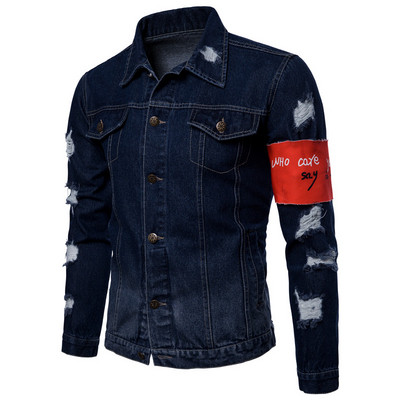 Klassikalise krae ja rebenenud motiividega moodne meeste teksajakk