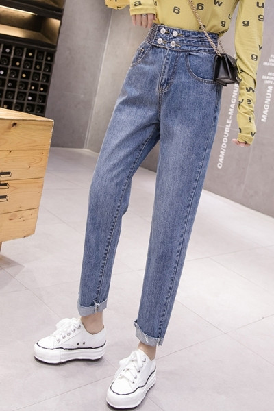 Blugi lungi de dama moderni - model drept cu talie inalta