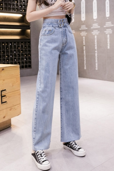 Moteriški laisvalaikio ilgi džinsai - platus mėlynos spalvos modelis