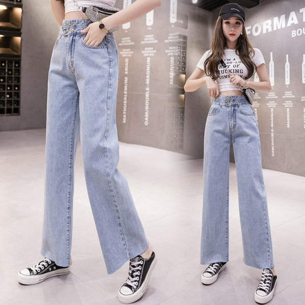 Moteriški laisvalaikio ilgi džinsai - platus mėlynos spalvos modelis