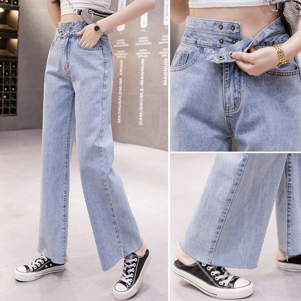 Moteriški laisvalaikio ilgi džinsai - platus mėlynos spalvos modelis