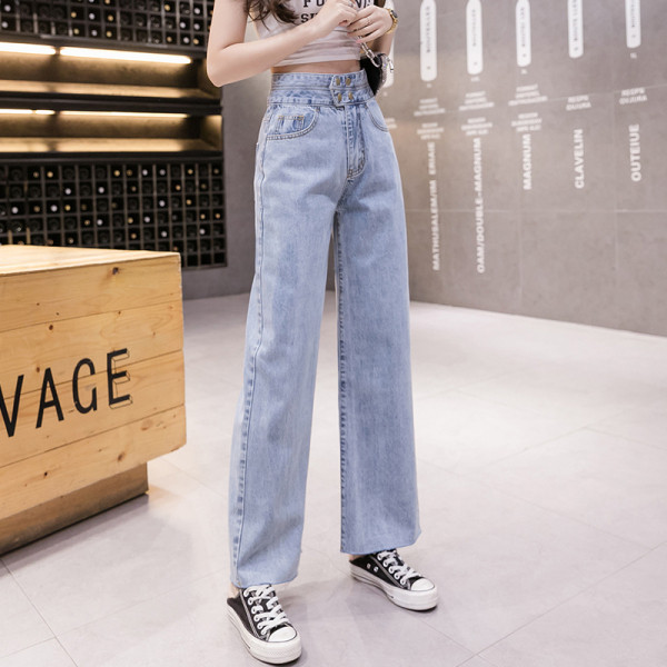 Moteriški laisvalaikio ilgi džinsai - platus mėlynos spalvos modelis