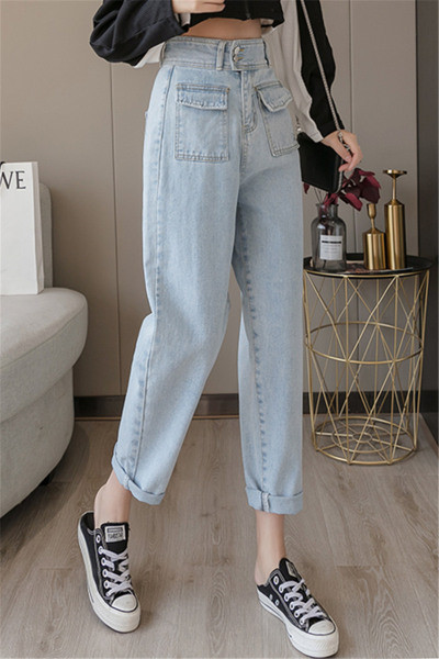 Naiste pikkade taskutega teksapükste uus mudel - kõrge vöökoht