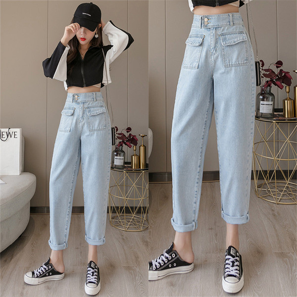 Naiste pikkade taskutega teksapükste uus mudel - kõrge vöökoht