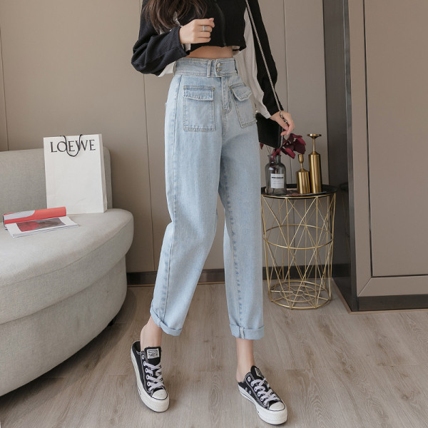 Naiste pikkade taskutega teksapükste uus mudel - kõrge vöökoht