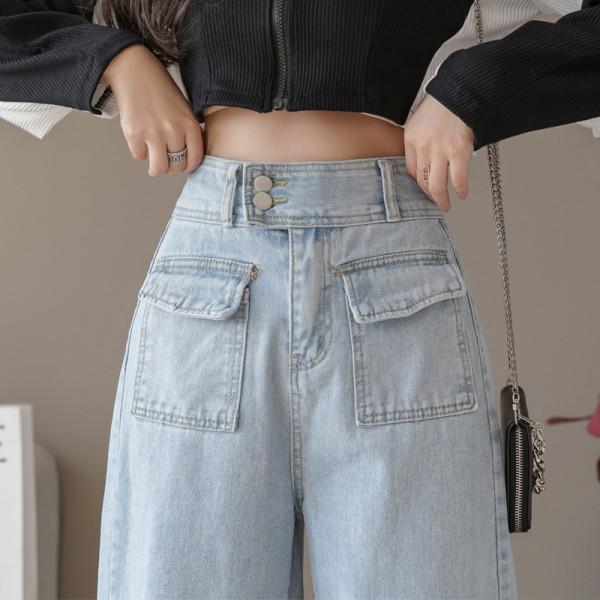 Naiste pikkade taskutega teksapükste uus mudel - kõrge vöökoht