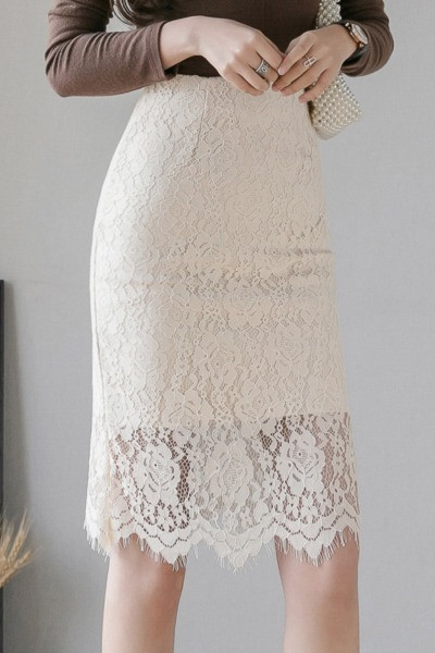 Stilingas moteriškas nėriniuotas sijonas aukštu juosmeniu