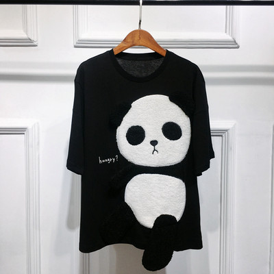 Jauna modeļa plats sieviešu t-krekls ar pandas izšuvumu ar 3D efektu