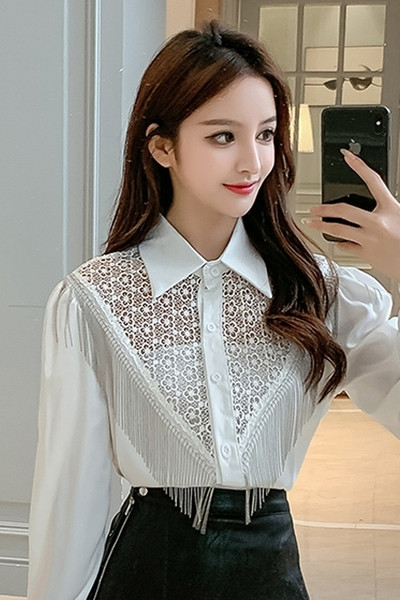 Modern női ing rojtokkal és klasszikus gallérral