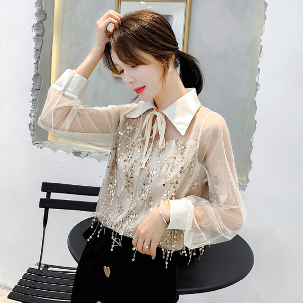 Naujo modelio moteriški marškiniai su blizgučiais ir tiulio rankovėmis