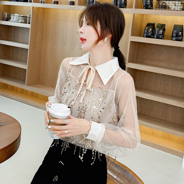 Naujo modelio moteriški marškiniai su blizgučiais ir tiulio rankovėmis