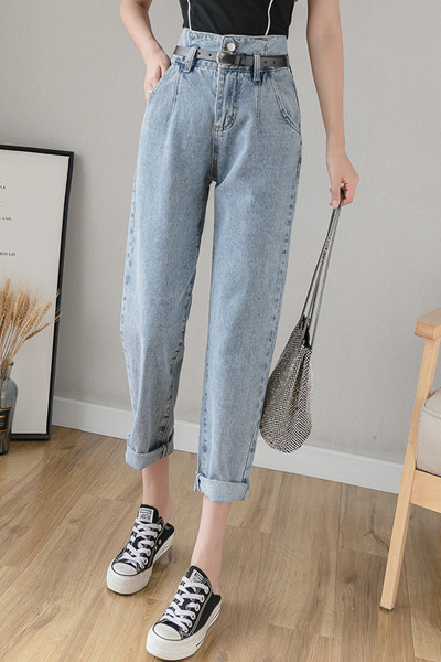 Alkalmi női hosszú farmernadrág magas derékkal és zsebekkel - egyenes modell