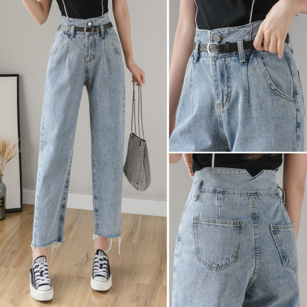 Alkalmi női hosszú farmernadrág magas derékkal és zsebekkel - egyenes modell