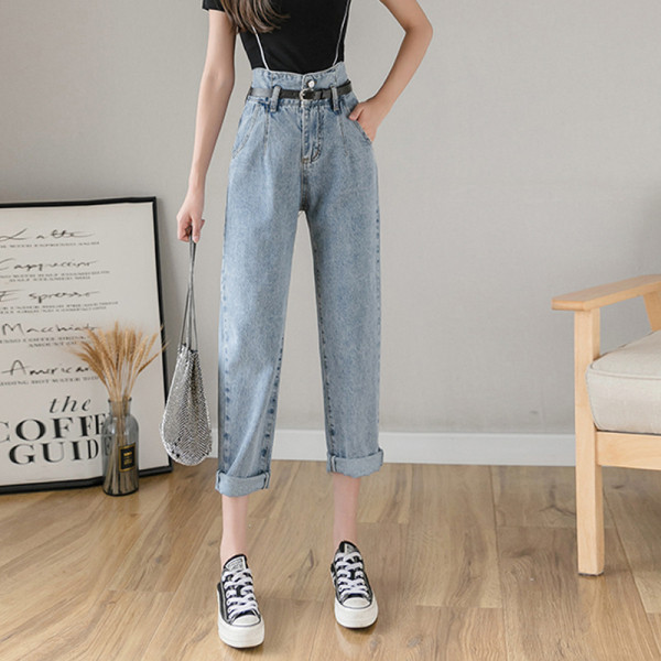 Alkalmi női hosszú farmernadrág magas derékkal és zsebekkel - egyenes modell