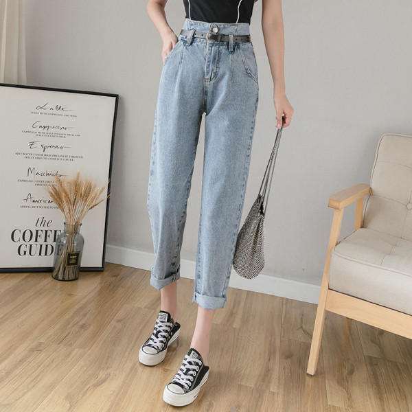 Alkalmi női hosszú farmernadrág magas derékkal és zsebekkel - egyenes modell