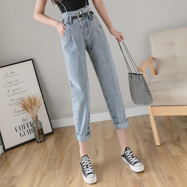 Alkalmi női hosszú farmernadrág magas derékkal és zsebekkel - egyenes modell