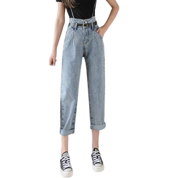 Alkalmi női hosszú farmernadrág magas derékkal és zsebekkel - egyenes modell