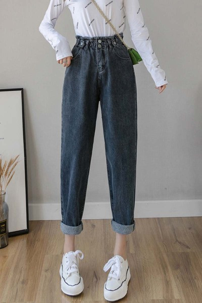 Ženske traperice s elastičnim strukom i džepovima - ravni model