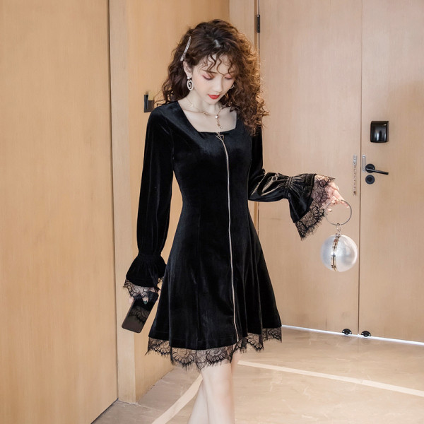 Retro stiliaus moteriška suknelė su užtrauktuku ir kvadratine iškirpte