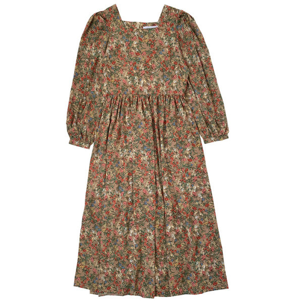 Retro naiste kleit lillelise trükise ja kandilise kaelusega