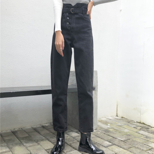 Blugi de dama negri model lat cu talie inalta, curea si nasturi