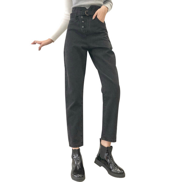 Blugi de dama negri model lat cu talie inalta, curea si nasturi