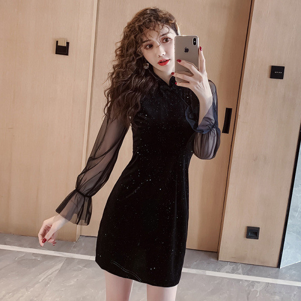 Moderna ženska haljina s lotos rukavima Uski baršunasti uzorak