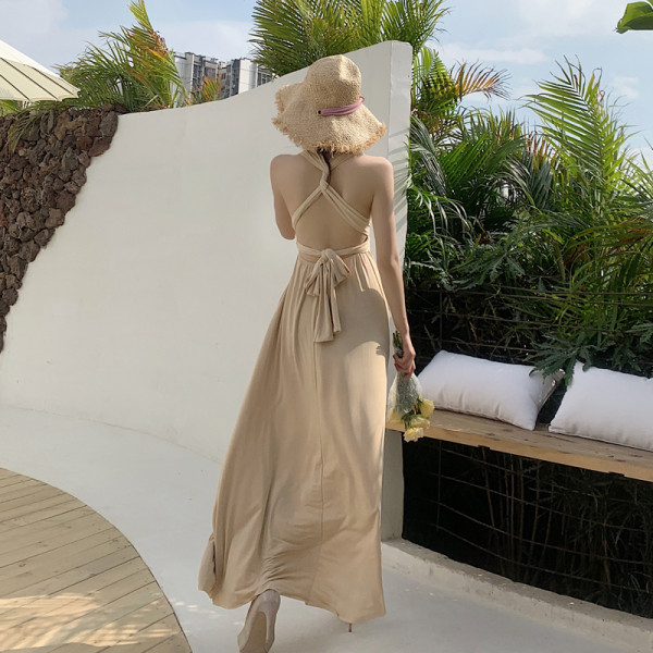 Ilga laisvalaikio vasarinė suknelė apnuoginta nugara