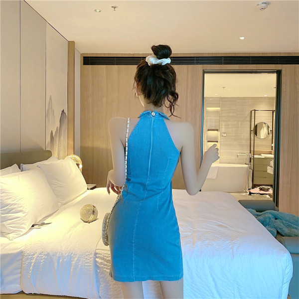 Trumpa džinsinė suknelė su sagomis ir klasikine apykakle