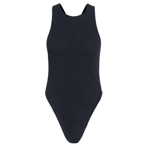 Napi női test ovális nyakkivágással, keresztpántokkal és csupasz háttal