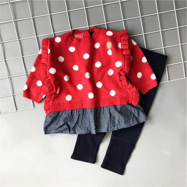 Set copii pentru fete bluza din doua piese cu buline si jambiere