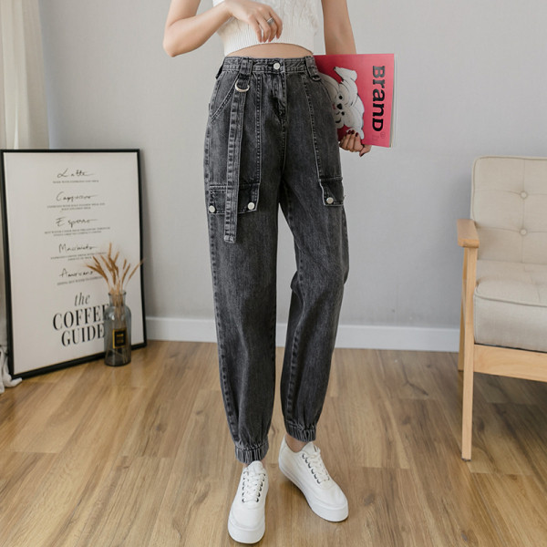 Sieviešu ikdienas garie džinsi ar gumiju pie potītes un kabatām