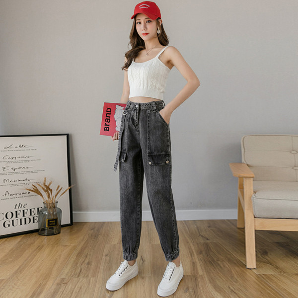 Sieviešu ikdienas garie džinsi ar gumiju pie potītes un kabatām