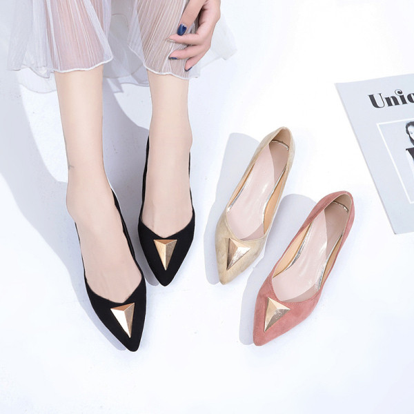 Sieviešu apavu smails modelis ar plakanu zoli un metāla elementu