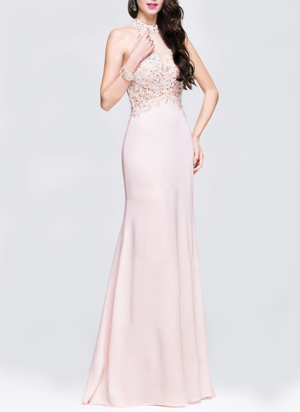 Rochie lunga de dama eleganta cu dantela roz