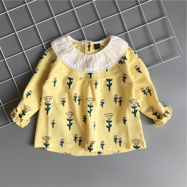 Šiuolaikiški vaikiški marškiniai su raštu ir ovalia iškirpte mergaitėms