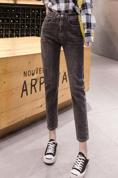 Női hosszú farmer magas derékkal és zsebekkel - egyenes modell