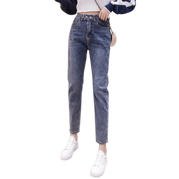 Női hosszú farmer magas derékkal és zsebekkel - egyenes modell