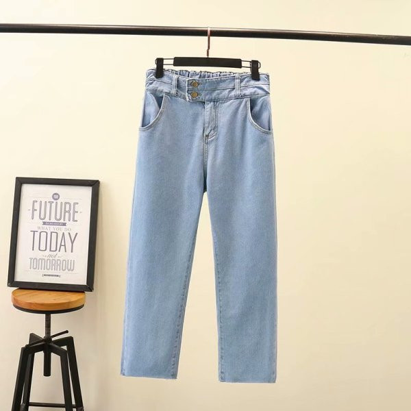 Ležerne ženske duge traperice s visokim strukom i gumbima