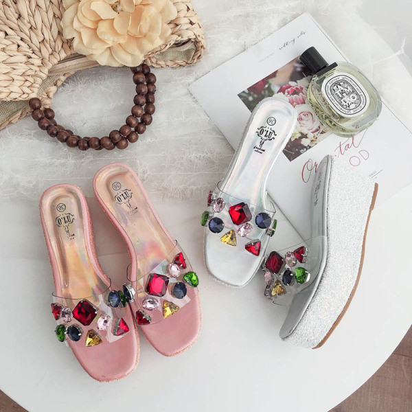 Papuci de dama cu bretele din silicon si pietre colorate