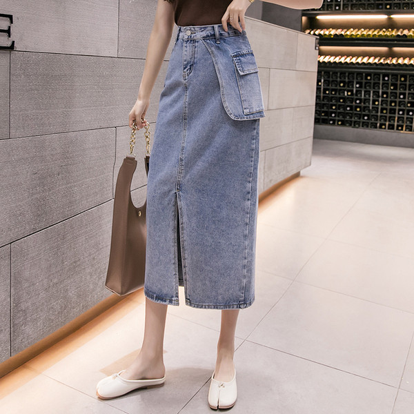 Sieviešu ikdienas gari džinsa svārki ar šķēlumu un kabatu