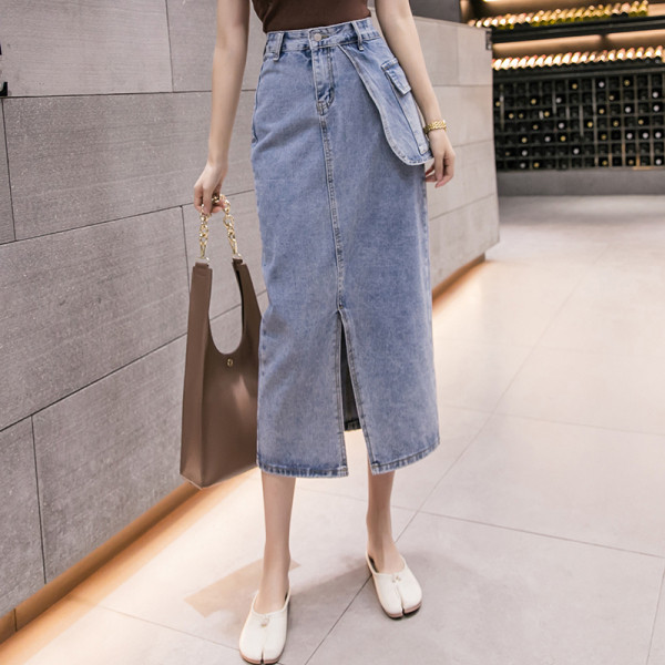 Sieviešu ikdienas gari džinsa svārki ar šķēlumu un kabatu