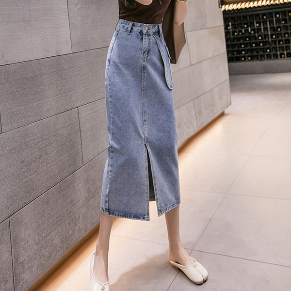 Sieviešu ikdienas gari džinsa svārki ar šķēlumu un kabatu