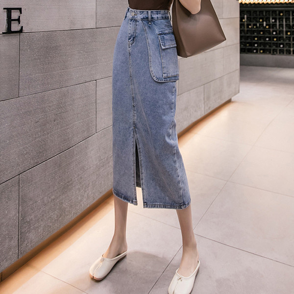 Sieviešu ikdienas gari džinsa svārki ar šķēlumu un kabatu