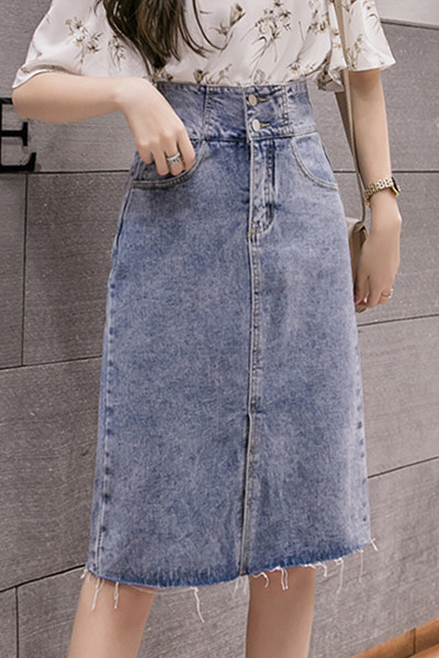 Női alkalmi farmerszoknya hasítékkal, magas derékkal