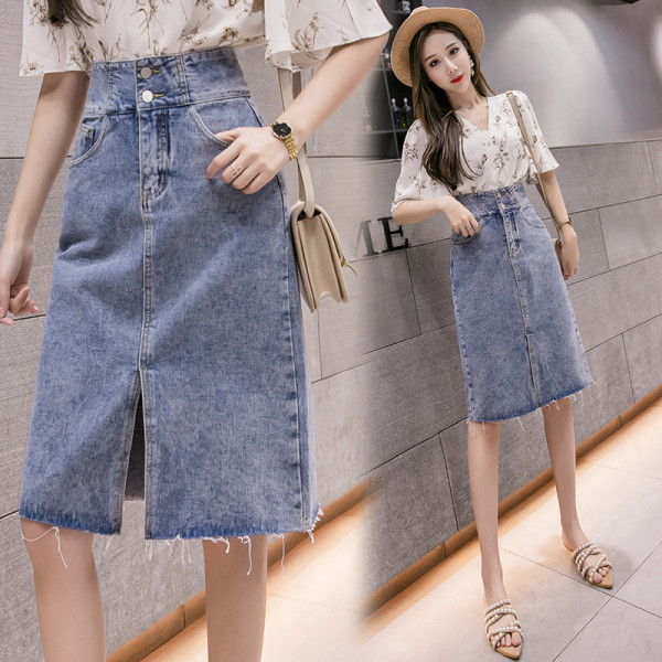 Női alkalmi farmerszoknya hasítékkal, magas derékkal